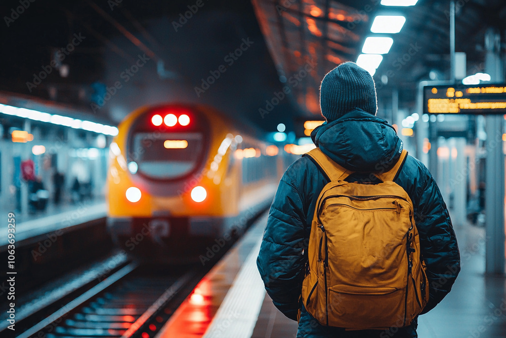 A traveler waits at a train station during a cool evening A traveler waits at a train station during a cool evening