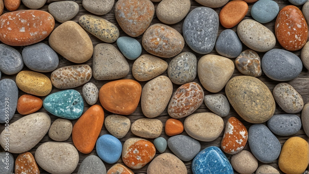 A diverse collection of rocks in various colors and sizes is arranged on a wooden surface, creating a visually appealing pattern. A diverse collection of rocks in various colors and sizes is arranged on a wooden surface, creating a visually appealing pattern.