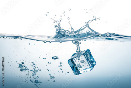 Ice Cube Splashing into Water with Bubbles and Ripples