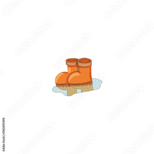 a pair of orange rubber boots on a water puddle.