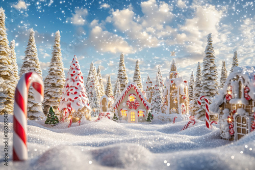 whimsical Christmas village made of candy canes and gingerbread, surrounded by snow covered trees and sparkling winter sky. This enchanting scene captures magic of holiday season photo