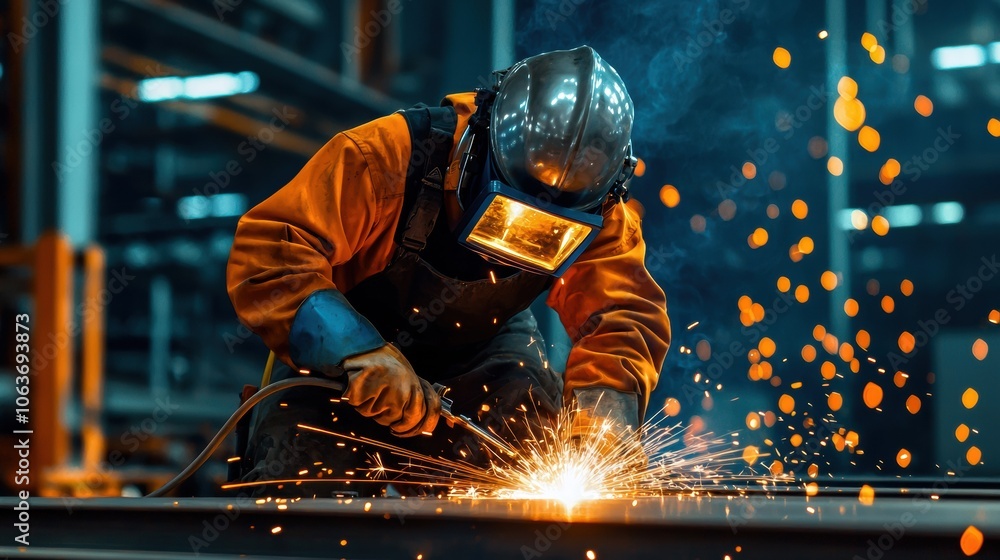 Welder Performing Work in Industrial Workshop Environment Welder Performing Work in Industrial Workshop Environment