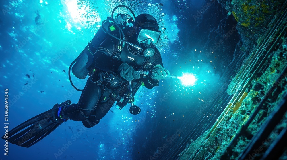 Diver Exploring Underwater Wreck with Light Tool Diver Exploring Underwater Wreck with Light Tool