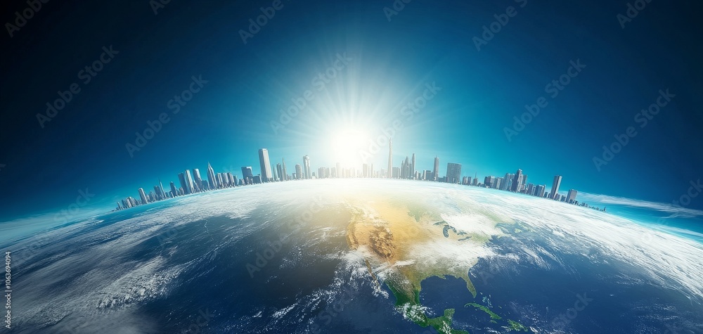 Stunning view of Earth from space, showcasing a vibrant city skyline under a bright sun. Perfect for concepts of global connectivity and nature. Stunning view of Earth from space, showcasing a vibrant city skyline under a bright sun. Perfect for concepts of global connectivity and nature.