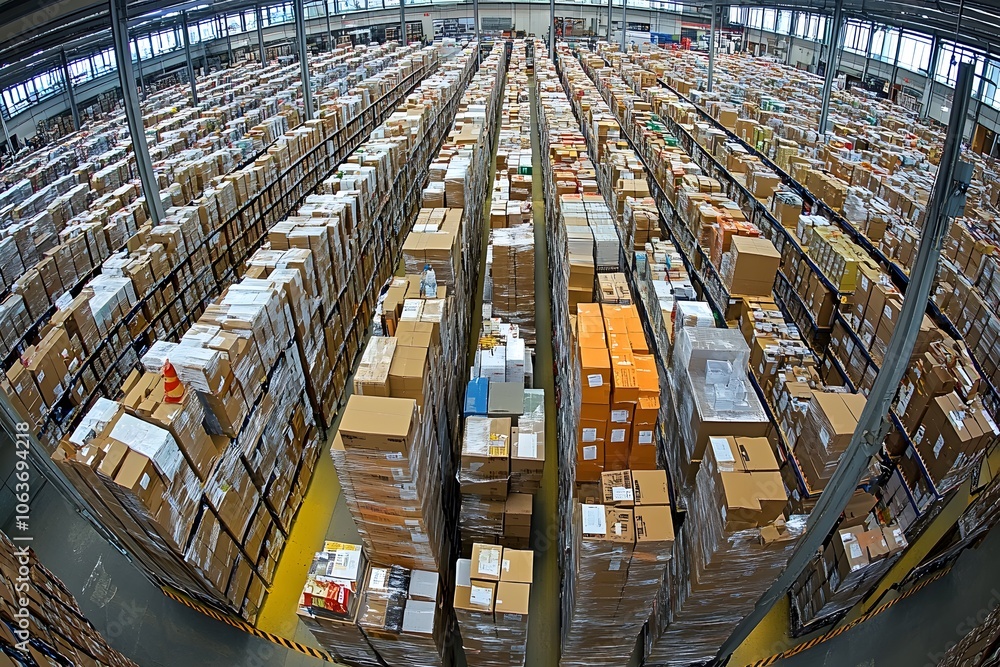 Full View of Organized Warehouse with Boxes and Logistics Full View of Organized Warehouse with Boxes and Logistics