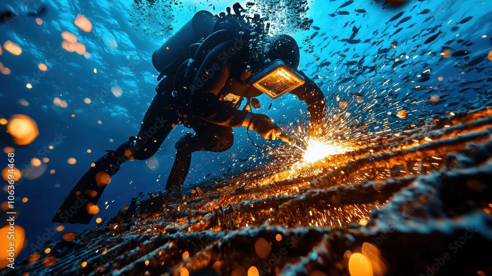 Diver Performs Underwater Welding Amidst Vibrant Fish Diver Performs Underwater Welding Amidst Vibrant Fish