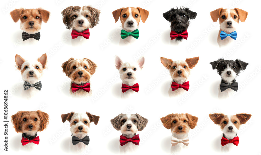 Obraz premium Collection of adorable dogs wearing bow ties, arranged in a grid pattern isolate on white background.