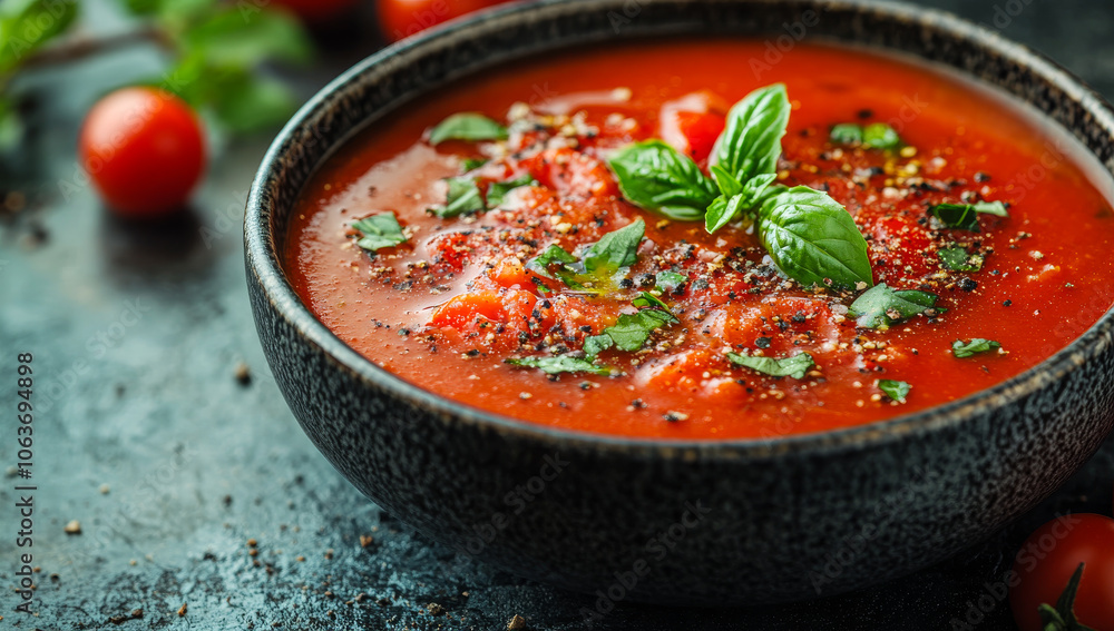 A bowl of tomato soup with basil and pepper. The bowl is black and the soup is red A bowl of tomato soup with basil and pepper. The bowl is black and the soup is red