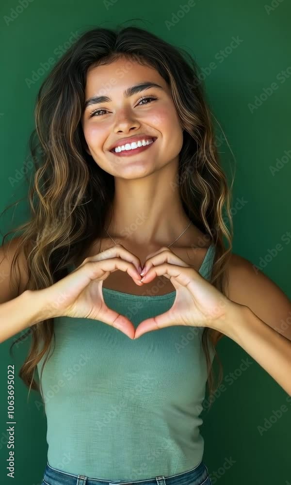 A joyful Latina young woman demonstrating a heart-shaped gesture, health care idea