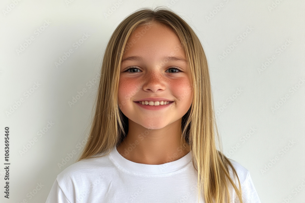 young girl with straight blonde hair smiles brightly, radiating joy and innocence. Her cheerful expression and casual white t shirt create warm and inviting atmosphere young girl with straight blonde hair smiles brightly, radiating joy and innocence. Her cheerful expression and casual white t shirt create warm and inviting atmosphere