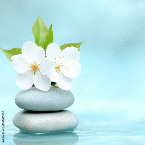 A serene arrangement of smooth stones and delicate white flowers on a soft background.