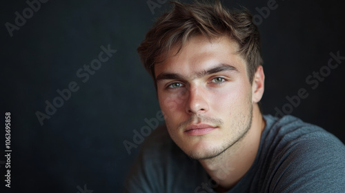 young man with short, tousled hair and striking green eyes gazes thoughtfully at camera, conveying sense of calm and introspection