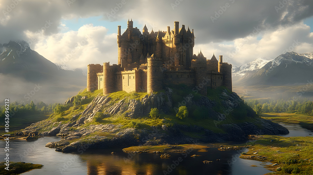 Fototapeta premium Stone Castle on Hilltop 3D Illustration