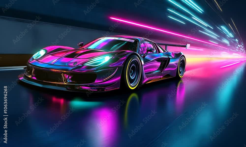 A futuristic car in motion with vibrant neon lights creating a dynamic atmosphere. A futuristic car in motion with vibrant neon lights creating a dynamic atmosphere.