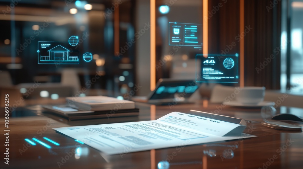 Realistic 3D render of an open loan contract on a table, with digital icons for credit score, property value, and ownership status floating nearby in a high-tech setting Realistic 3D render of an open loan contract on a table, with digital icons for credit score, property value, and ownership status floating nearby in a high-tech setting