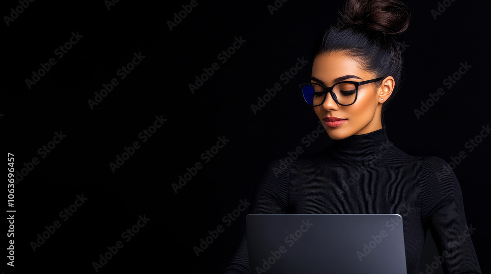 A woman wearing glasses is sitting in front of a laptop. She is looking at the screen with a serious expression A woman wearing glasses is sitting in front of a laptop. She is looking at the screen with a serious expression
