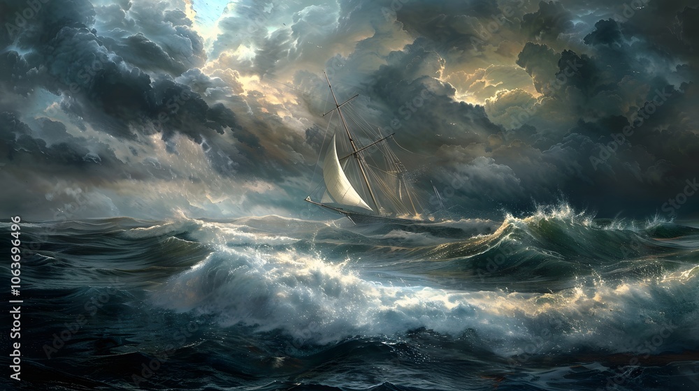 Fototapeta premium Dramatic Sailing Boat Navigating Rough Stormy Seas and Turbulent Clouds at Sunset