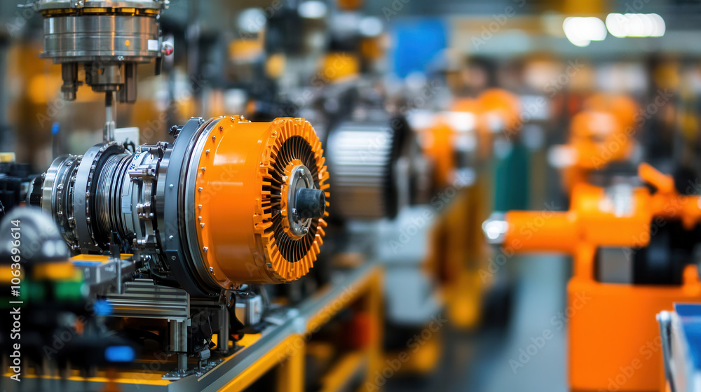 Fototapeta premium High tech machinery in factory setting, showcasing advanced engineering and production processes. vibrant orange components highlight focus on innovation and efficiency