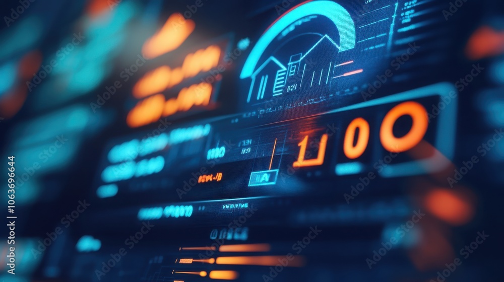 Close-up 3D scene of a digital screen displaying property loan, credit score, and ownership details, with a serious expression on a professional in the background Close-up 3D scene of a digital screen displaying property loan, credit score, and ownership details, with a serious expression on a professional in the background