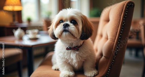 Adorable fluffy dog sitting on a chair photo