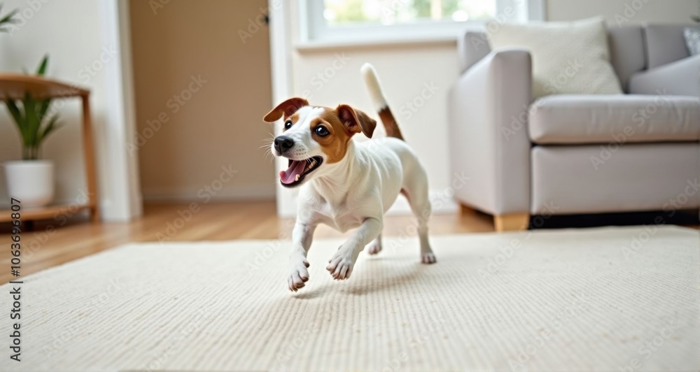 Happy dog running in a cozy living room Happy dog running in a cozy living room