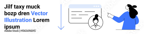 Businesswoman points to a profile interface with text elements and dropdown arrow. Features text and graphic elements. Ideal for presentations, online profiles, business websites, tutorials, user