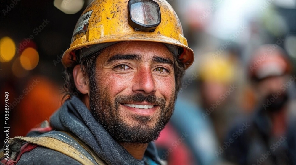 Fototapeta premium A male miner in a yellow hard hat with a headlamp smiles at the camera in a mine.