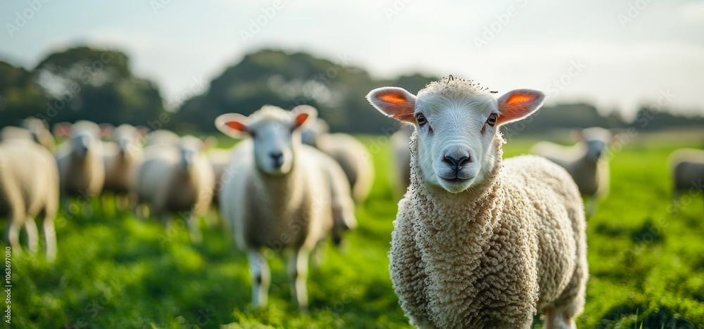 A group of sheep are grazing in a field. One sheep is standing out from the rest, looking directly at the camera A group of sheep are grazing in a field. One sheep is standing out from the rest, looking directly at the camera