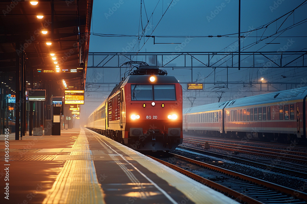 Fototapeta premium Train arriving at a dimly lit station in foggy evening conditions