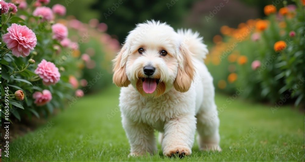 Cute fluffy dog in a vibrant garden Cute fluffy dog in a vibrant garden
