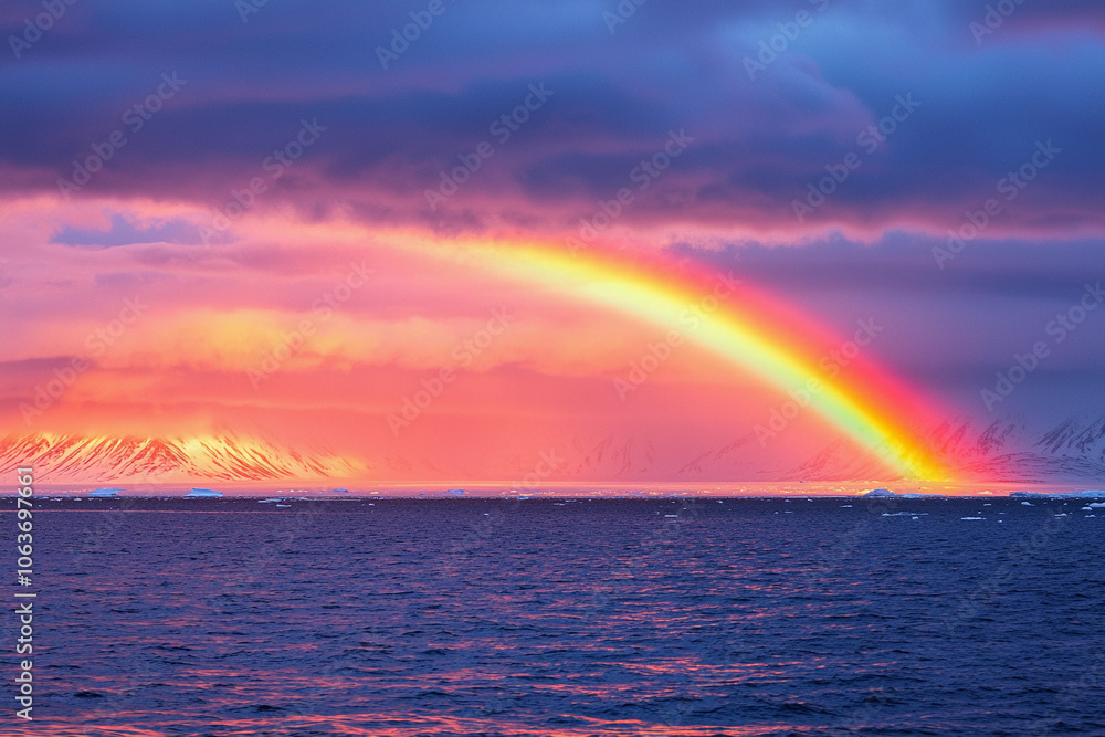 Vibrant rainbow arches over icy Arctic landscape at sunset Vibrant rainbow arches over icy Arctic landscape at sunset