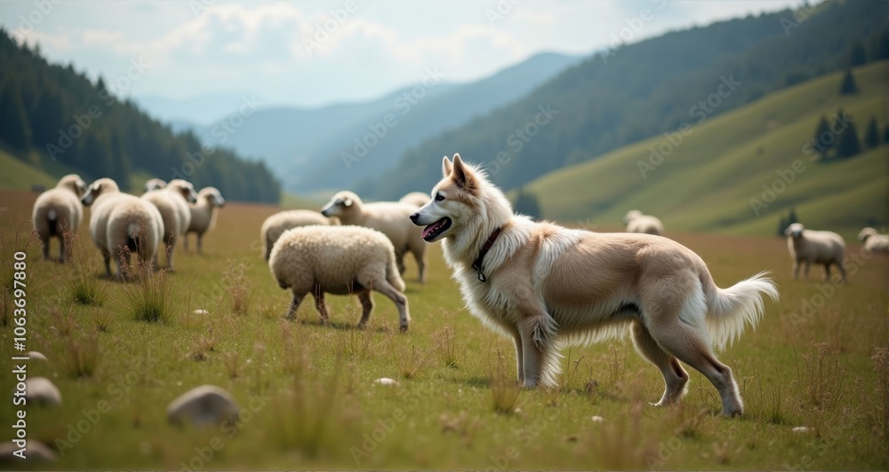 Playful dog herding sheep in green meadow Playful dog herding sheep in green meadow