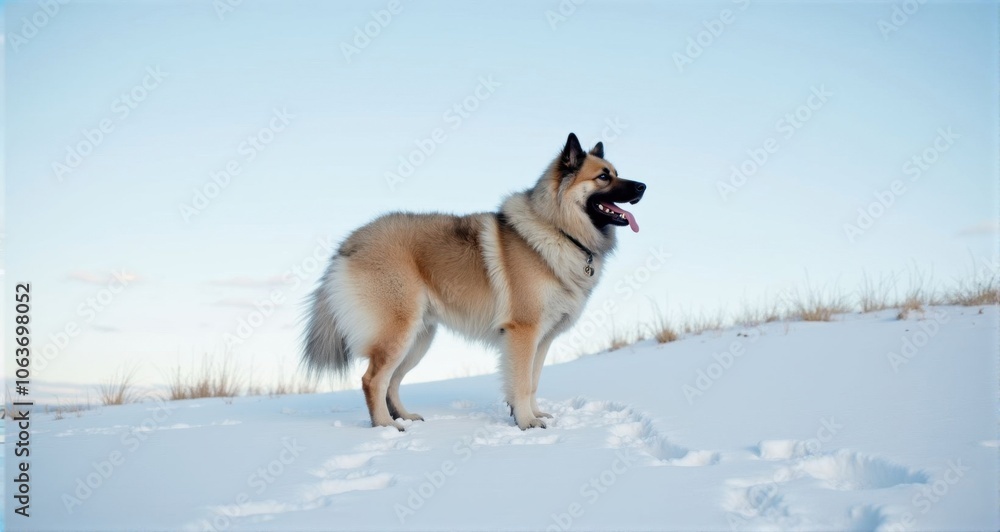 Fluffy dog standing in the snow Fluffy dog standing in the snow