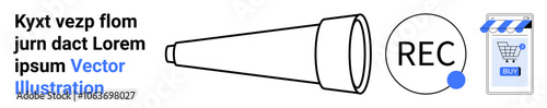 Telescope, video recording icon, clapperboard, and shopping cart on a website page. Ideal for media, content creation, e-commerce, film production, online shopping, education, and marketing. Landing