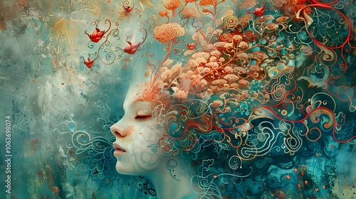 Mystical Digital Artwork of a Dreamlike Underwater Feminine Face with Intricate Floral and Aquatic Elements