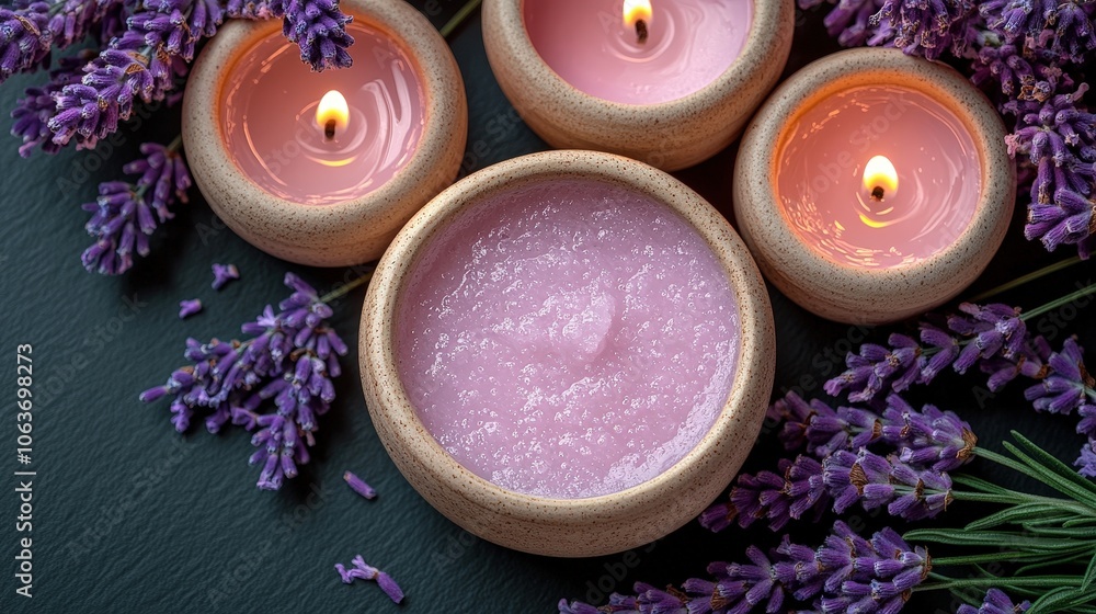 purple and cream candles decorated with purple hyacinth flowers purple and cream candles decorated with purple hyacinth flowers