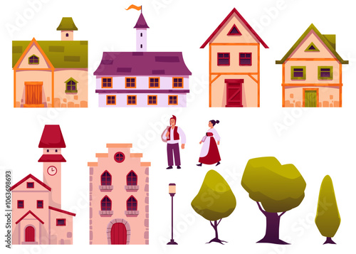 Vector collection of medieval houses: stone cottages with classic windows, towers, trees and townspeople