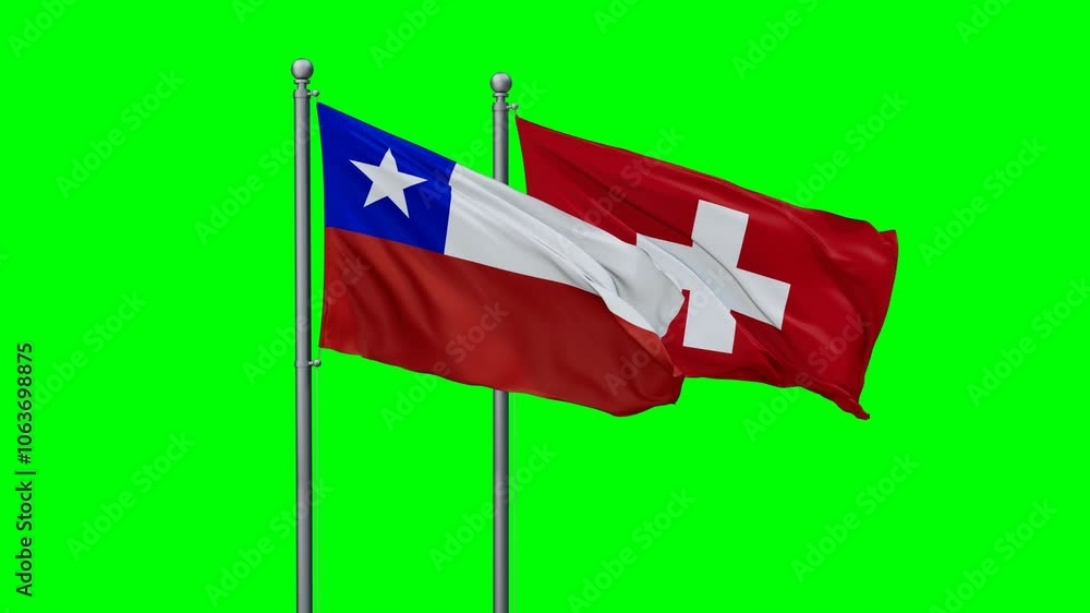 Switzerland and Chile flags flying together, video concept of the relationship with colored chroma key for easy background remove, two country cooperation concept Switzerland and Chile flags flying together, video concept of the relationship with colored chroma key for easy background remove, two country cooperation concept