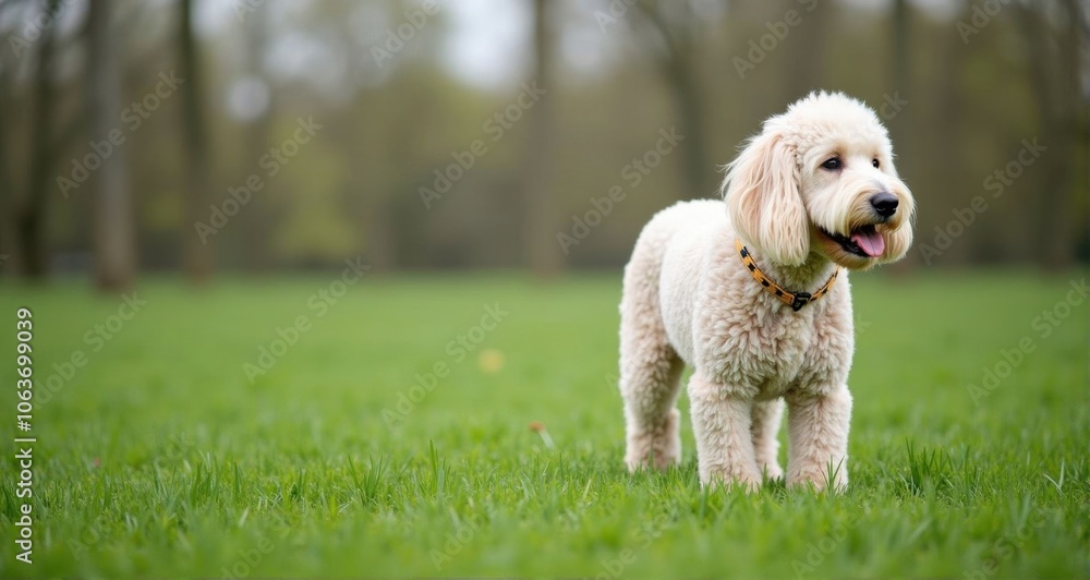 Playful golden doodle in a grassy park Playful golden doodle in a grassy park