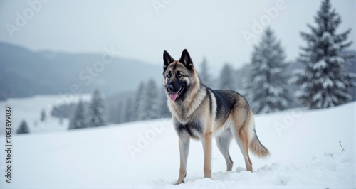 German shepherd dog in snowy landscape