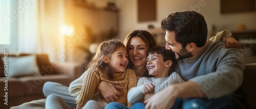 Happy family sit at home,hugging each other and having fun,family vacation concept for love.