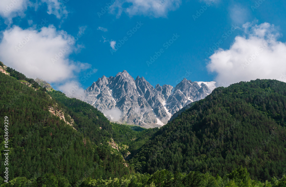 Majestic mountain peaks surrounded by lush green forests under clear blue sky Majestic mountain peaks surrounded by lush green forests under clear blue sky