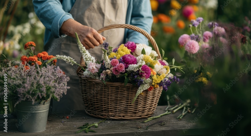Gardener arranging colorful basket of fresh flowers in the garden Gardener arranging colorful basket of fresh flowers in the garden
