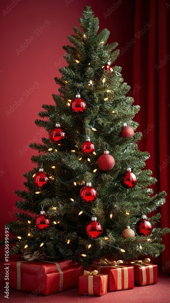 Obraz premium Decorated Christmas Tree with Red Ornaments and Presents
