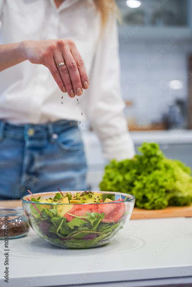 Cooking concept. Woman hands making healthy dinner, cutting vegetables on chopping board, kitchen interior, closeup