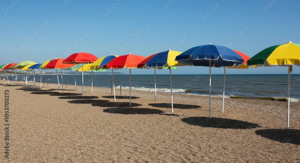 Colorful beach umbrellas lining sunny seaside Colorful beach umbrellas lining sunny seaside