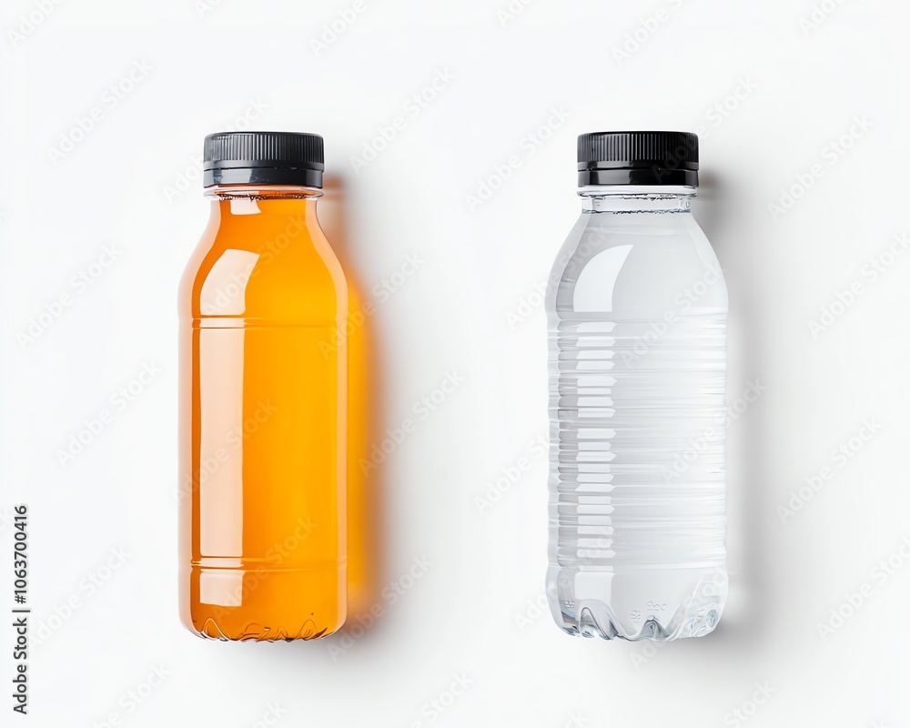 A vibrant orange drink and clear water bottle arranged side by side against a white background for refreshing beverage choice. A vibrant orange drink and clear water bottle arranged side by side against a white background for refreshing beverage choice.