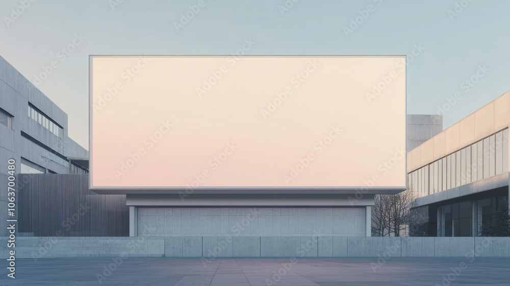 Obraz premium large blank billboard stands prominently in urban setting, surrounded by modern architecture. minimalist design and soft pastel sky create serene atmosphere, perfect for advertising