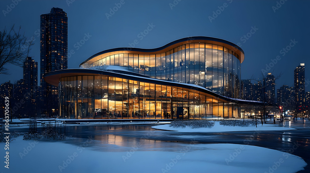 Fototapeta premium Modern Glass Building in Winter - Nighttime Architecture