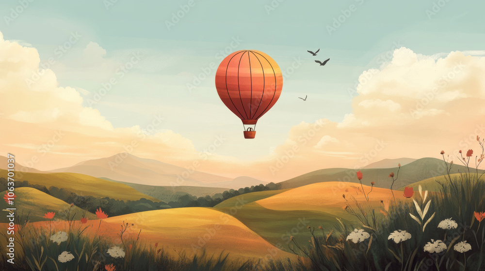 Fototapeta premium Vibrant hot air balloon floats gracefully over rolling hills and fields, evoking sense of adventure